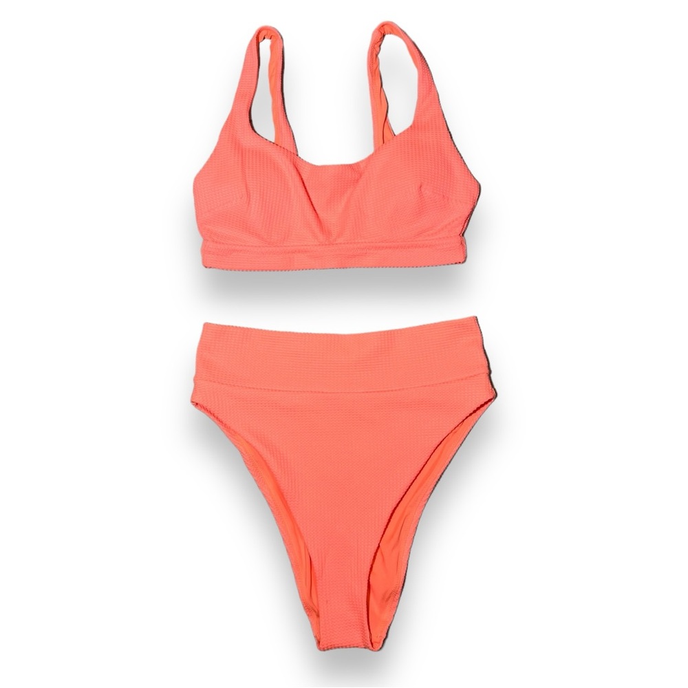 Aerie Women’s Ribbed Scoop High Cut Cheeky Bikini Coral Size Medium